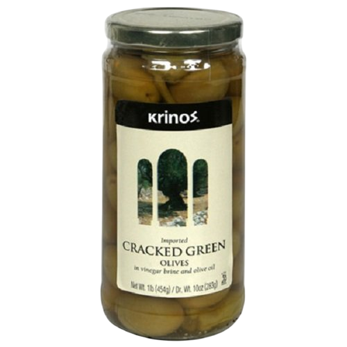 Krinos Green Cracked Olives 16 oz